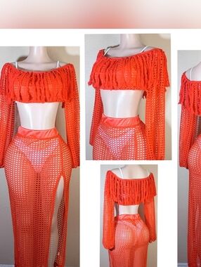 Orange  Crochet Fringe Off-Shoulder Maxi Skirt Set /Cover-UP